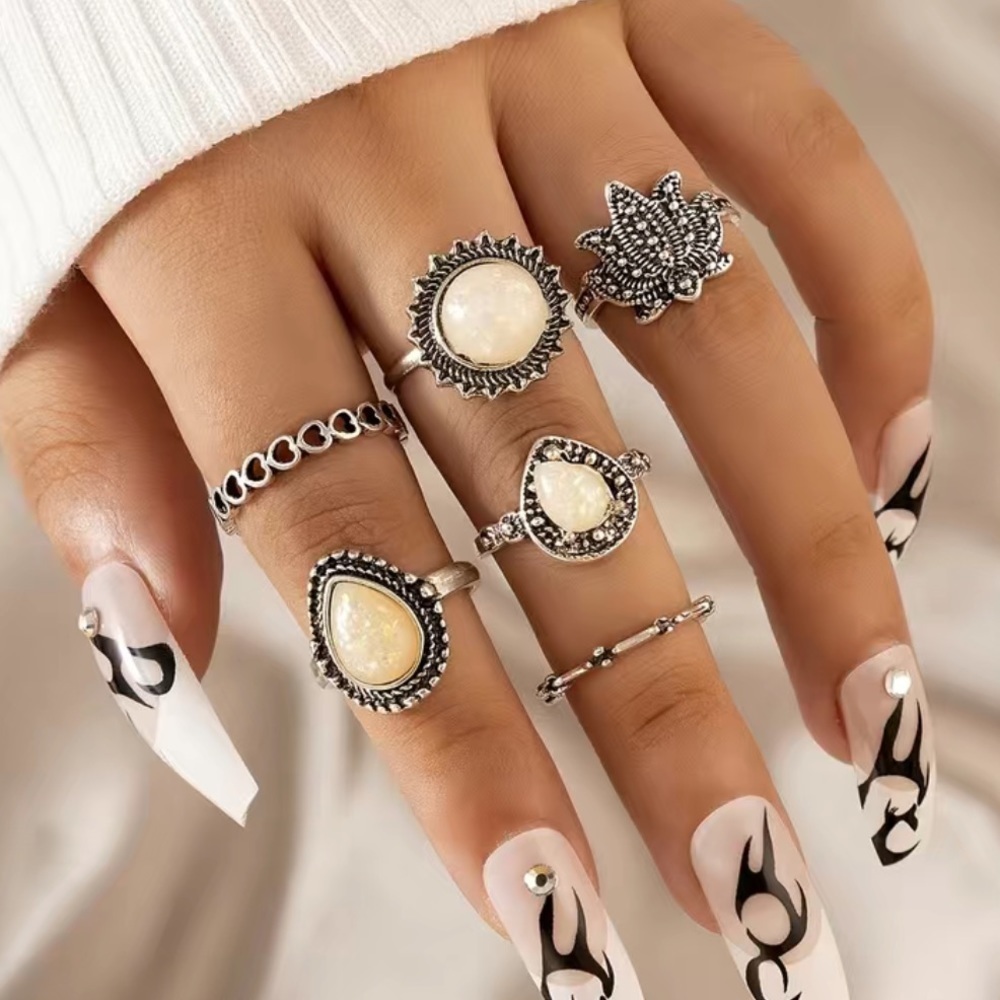 Boho Silver Heart Flower Opal Ring Set 6pc